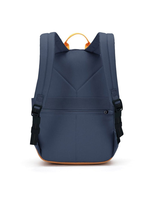Product Image – Pacsafe® Go 15L Anti-theft Backpack, coastal blue colour with tan bottom gusset, back view.