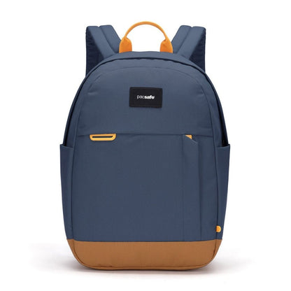 Pacsafe® Go 15L Anti-theft Backpack, coastal blue colour with tan bottom gusset, front view.