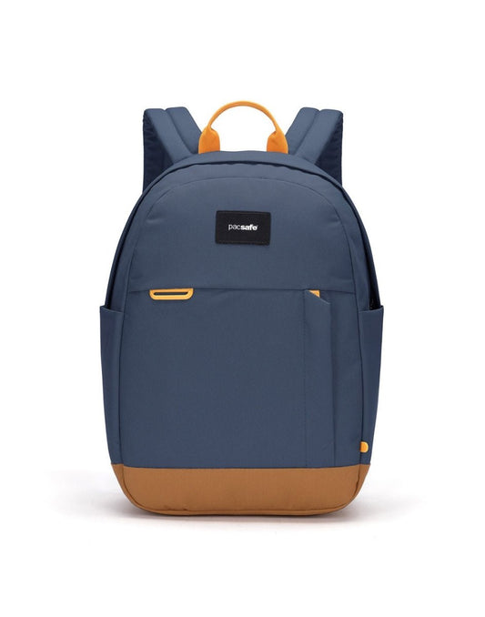 Product Image – Pacsafe® Go 15L Anti-theft Backpack, coastal blue colour with tan bottom gusset, front view.