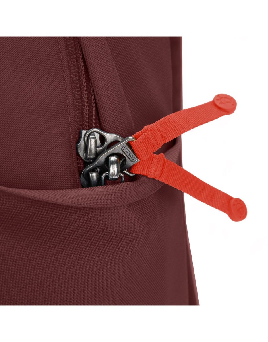 Close up of zipper pulls on garnet red bag