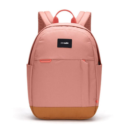 Pacsafe® Go 15L Anti-theft Backpack, rose colour with tan bottom gusset, front view.