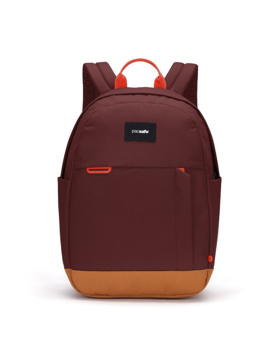 Pacsafe® Go 15L Anti-theft Backpack, garnet red with tan bottom gusset, front view