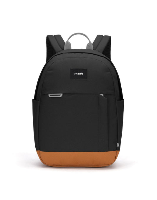 Product Image – The Pacsafe® GO 15L Anti-theft Backpack by Pacsafe, in black/brown with pockets, shown on a white background.