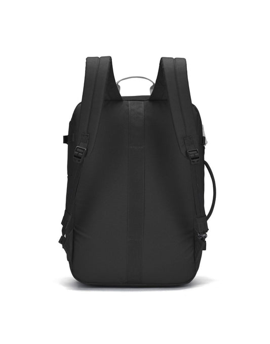 Product Image – Pacsafe GO 34L Carry-on Backpack shown from the back with padded straps, recycled polyester, and lockable main compartment.