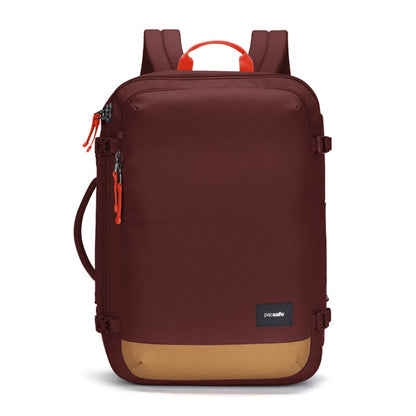 Pacsafe® GO 34L maroon/tan anti-theft carry-on backpack with lockable compartment and red zipper pulls.
