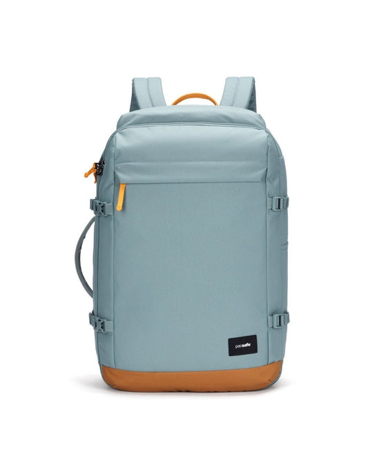 Product Image – Pacsafe® GO 44L light blue carry-on backpack with orange accents, RFID pocket, and brown base.