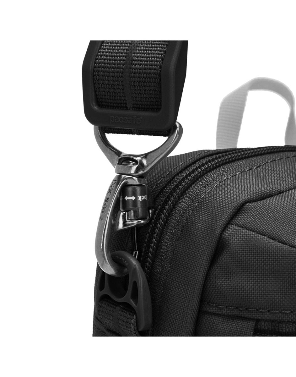 Pacsafe® GO Anti-Theft Festival Crossbody in jet black colour close up of twist and lock clip on strap.