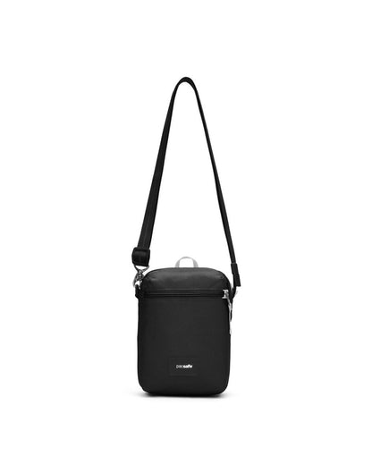 Pacsafe® GO Anti-Theft Festival Crossbody in jet black colour front view with cut-resistant strap extended.