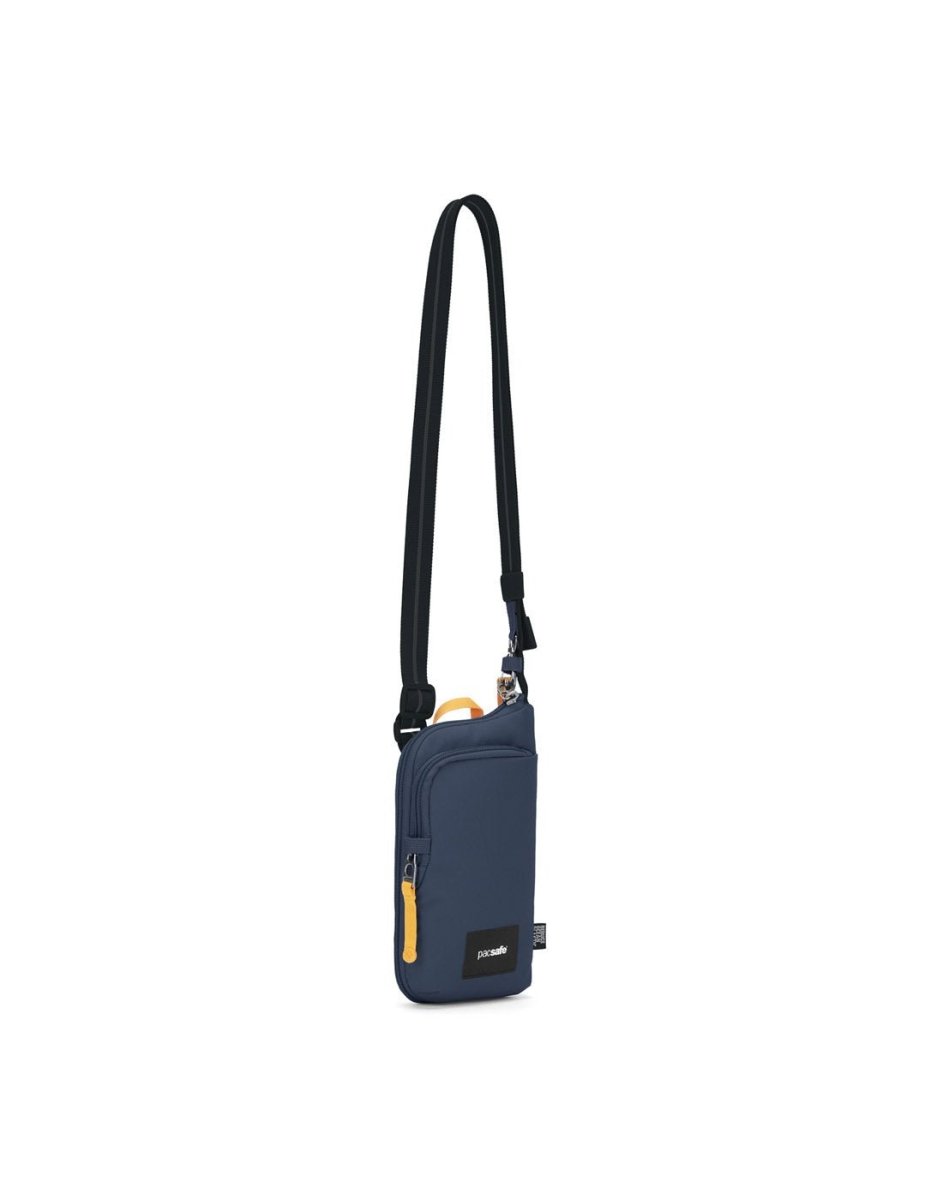 Pacsafe® GO Anti-Theft Tech Crossbody in coastal blue colour front left side view with Carrysafe® slashguard strap extended.