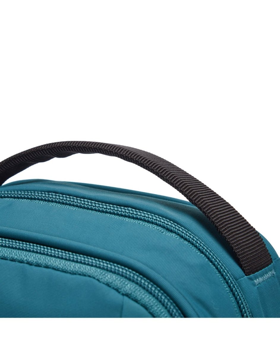 Close up of black top grab handle on tidal teal bag