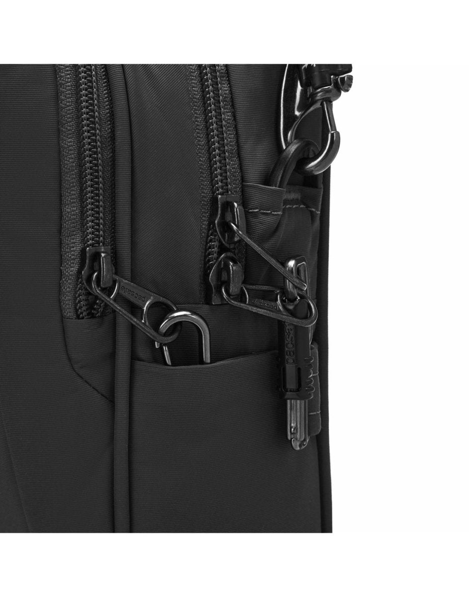 Close up of lockable zipper pulls on black bag