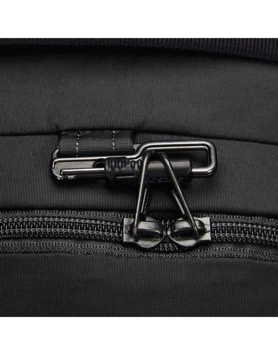 Close up of lockable zipper pulls on black backpack