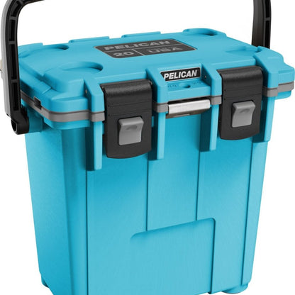 Pelican™ Elite 20qt Cooler in cool blue with grey gasket and black top carry handle and clip closures, front angled view