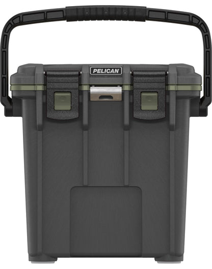 Pelican™ Elite 20qt Cooler in gunmetal grey with army green gasket and black top carry handle and clip closures, front view