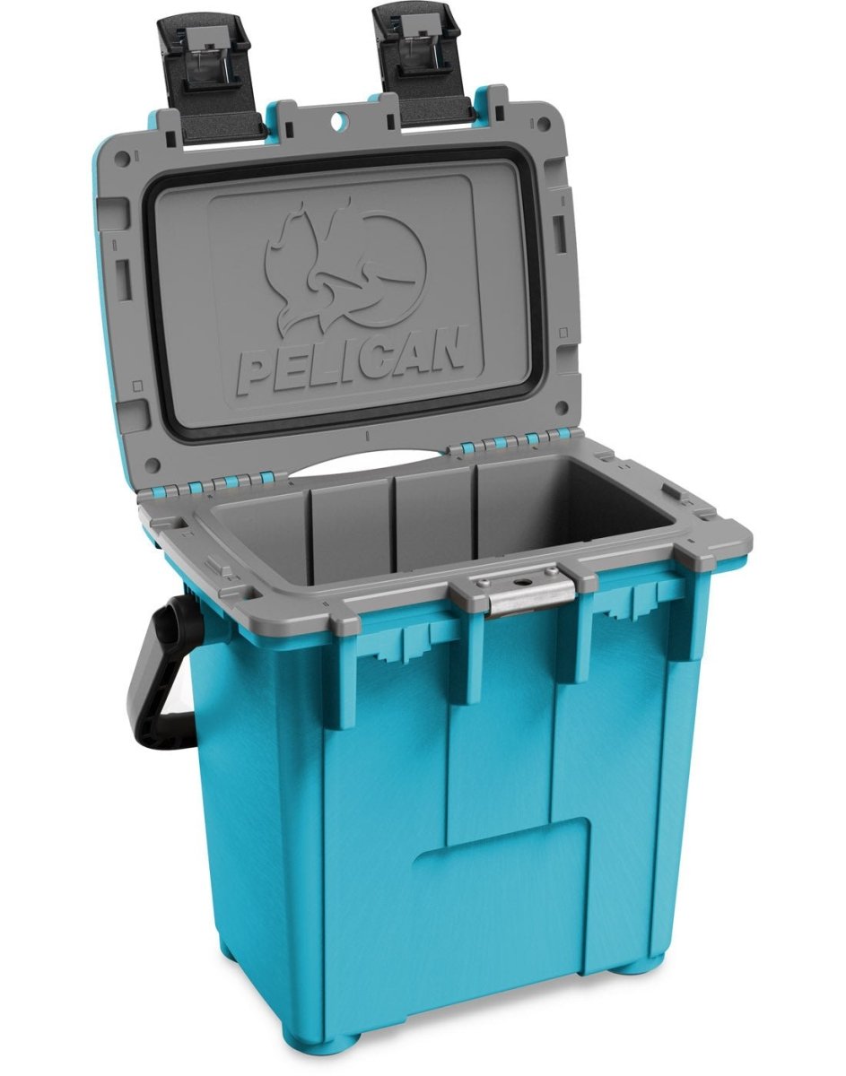 Pelican™ Elite 20qt Cooler in cool blue open to show grey interior