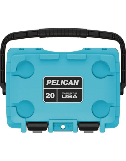 Pelican™ Elite 20qt Cooler in cool blue, top view showing black carry handle and clip closures, two cup holders on top and Pelican logo plate in centre of lid