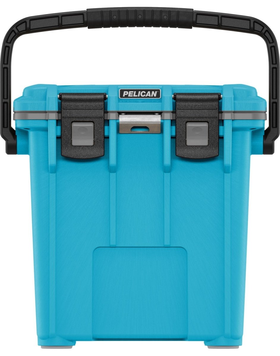 Pelican™ Elite 20qt Cooler in cool blue with grey gasket and black top carry handle and clip closures, front view