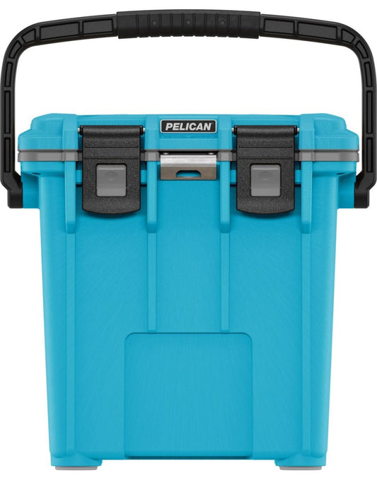 Product Image – Pelican™ Elite 20qt Cooler in cool blue with grey gasket and black top carry handle and clip closures, front view