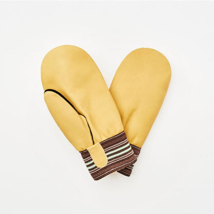 Raber Men's Garbage Mitts, product view fanned out, one cream mitten with palm up, and one cream mitten palm down, with brown and white elastic cuff