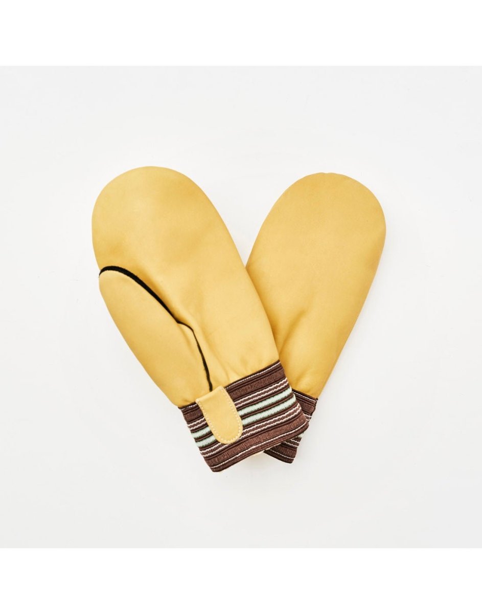 Raber Men's Garbage Mitts, product view fanned out, one cream mitten with palm up, and one cream mitten palm down, with brown and white elastic cuff