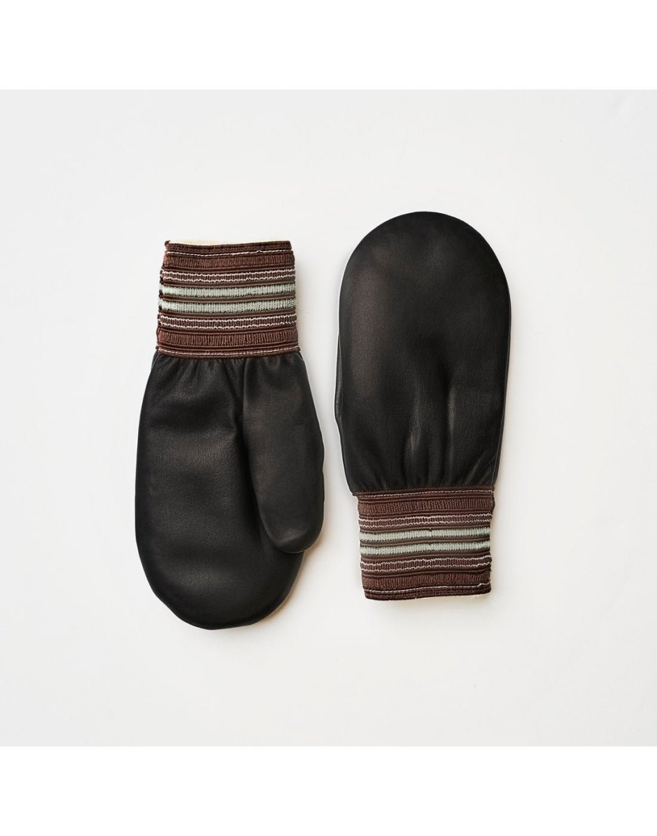 Raber Men's Garbage Mitts, product view, one black mitten with palm up, and one black mitten palm down, with brown and white elastic cuff