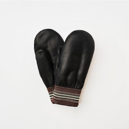 Raber Men's Garbage Mitts, product view fanned out, one black mitten with palm up, and one black mitten palm down, with brown and white elastic cuff