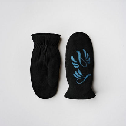 Raber Women's Snowbird Mitten, black with blue embroidered snowbirds, one mitten shown palm up, the other palm down