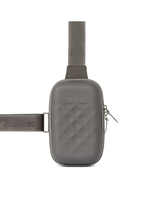 Product Image – Close-up of the Rollink Mini Bag Go in Iron grey colour showing where the non-removable adjustable strap is attached to top and right side of bag.