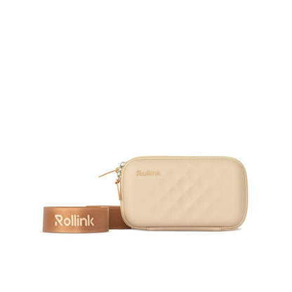 Front of the Rollink Mini Bag Tour in Peach colour with shoulder strap rolled up showing the Rollink name on the strap.