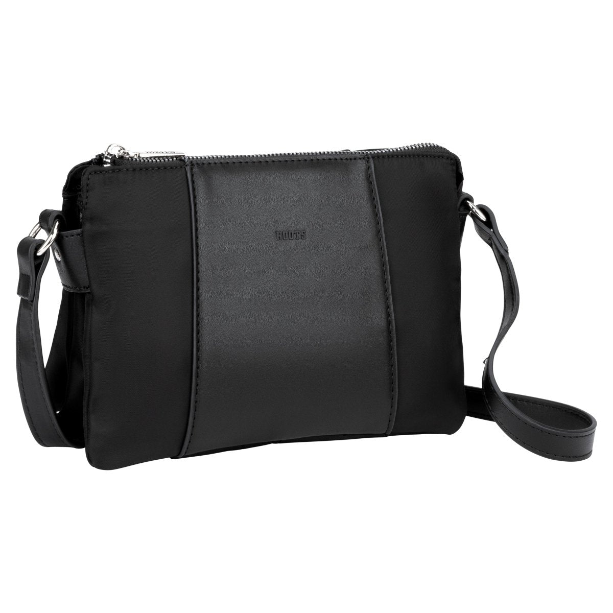 Roots Anita 3-Compartment Crossbody, black, front angled view