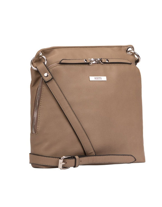 Product Image – Roots Front Zip Crossbody, taupe, front angled view