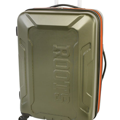 Roots Jasper 24" Hardside Expandable Spinner, olive with embossed Roots name on front and orange zipper, front angled view