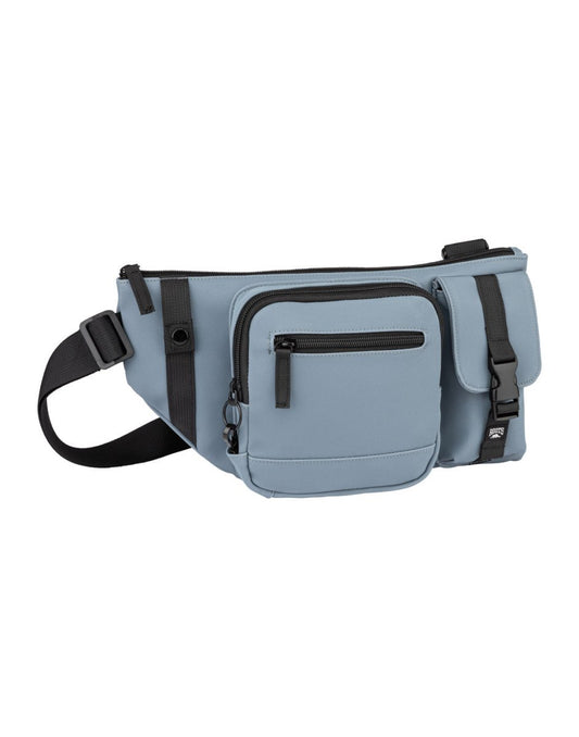 Product Image – Roots Juan Asymmetrical Belt Bag, slate blue colour with black straps and zippers, front view