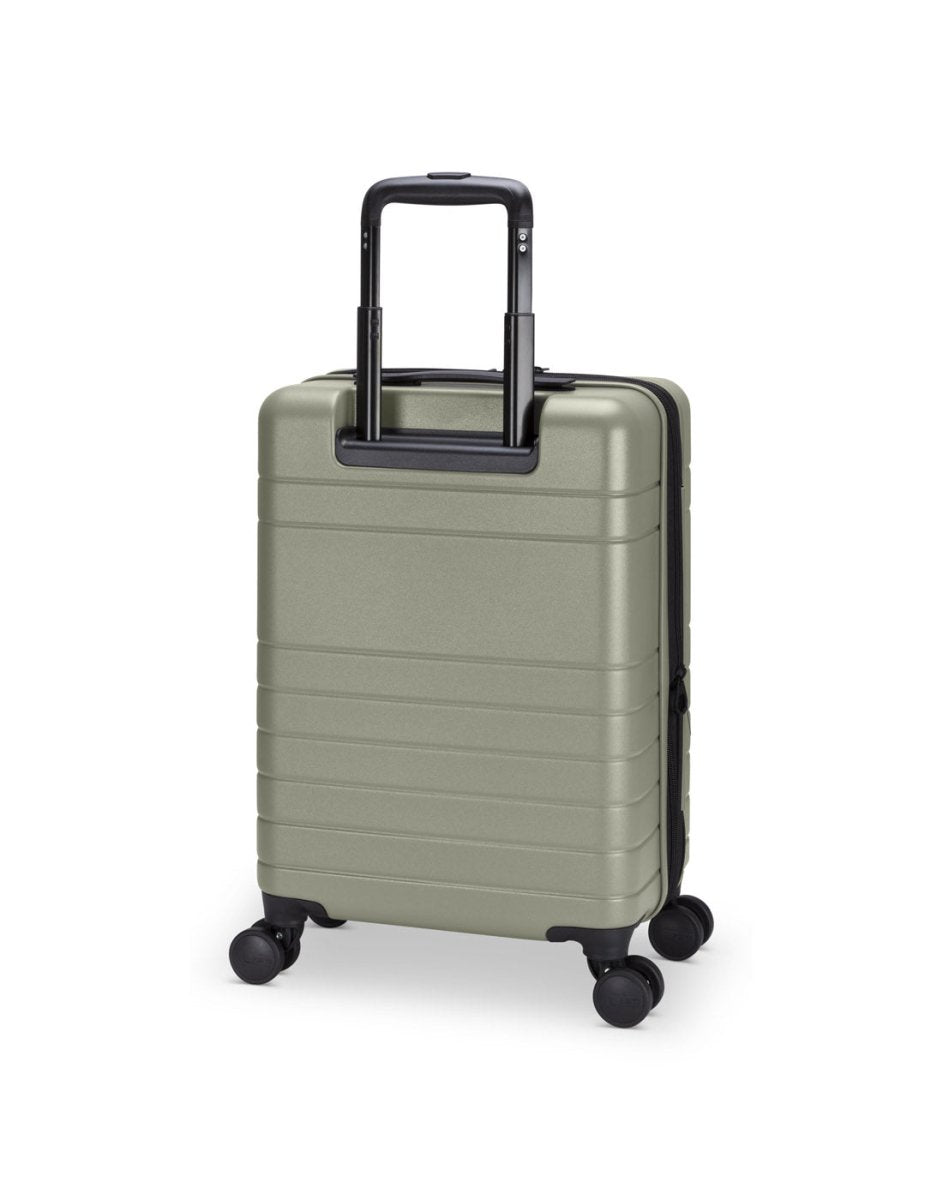 Roots Travel 19" Hardside Spinner Carry-on in sage, back angle view with handle extended out.