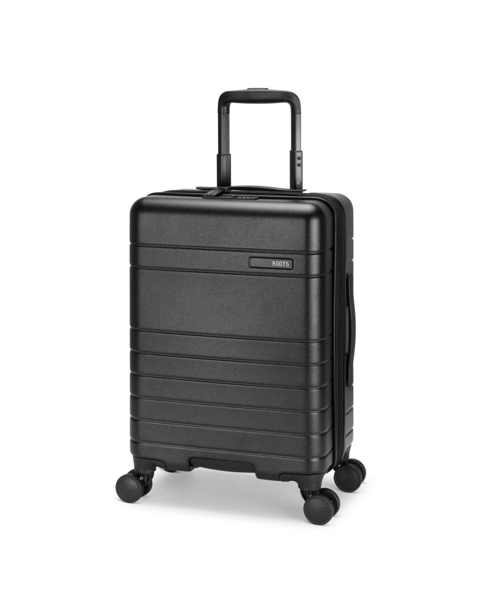 Roots Travel 19" Hardside Spinner Carry-on in black, front angle view.