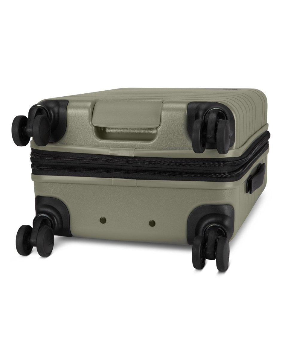 Roots Travel 19" Hardside Spinner Carry-on in sage, bottom angle view of spinner wheels.