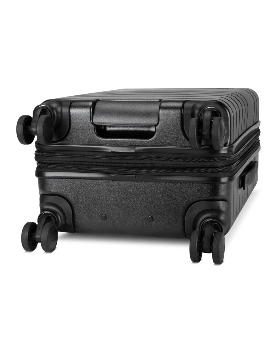 Roots Travel 19" Hardside Spinner Carry-on in black, bottom angle view of spinner wheels.