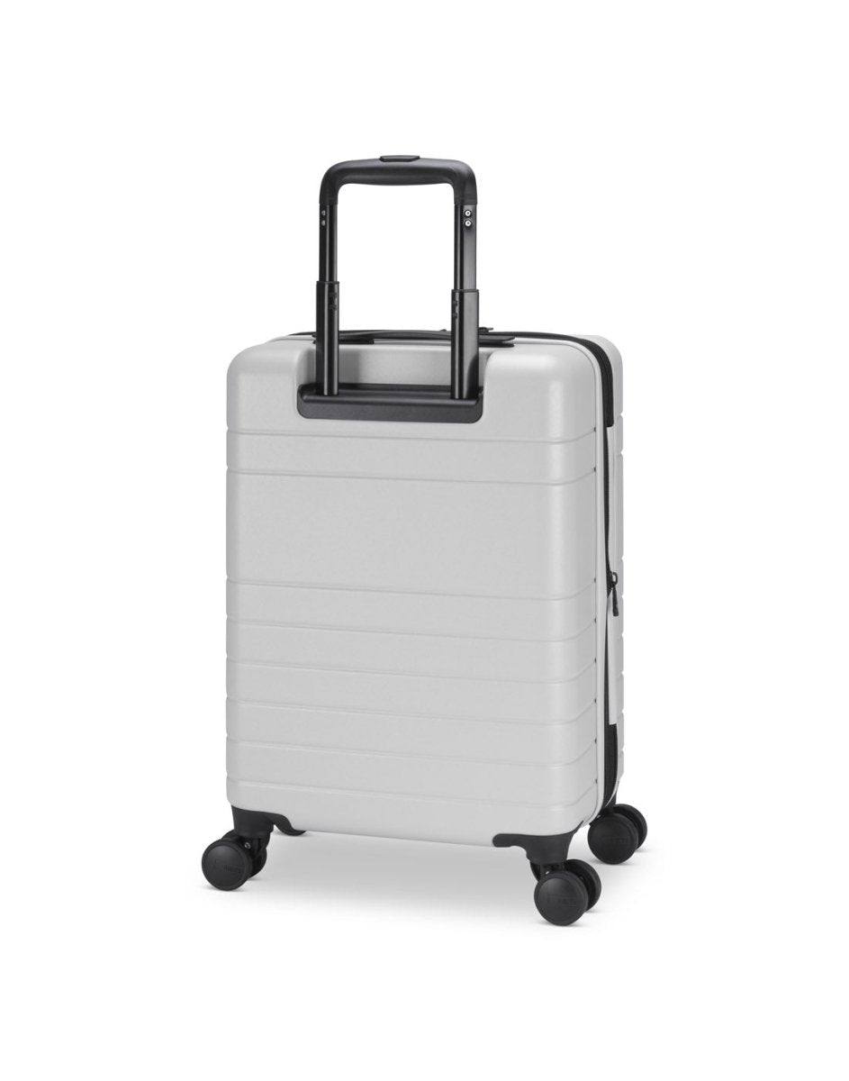 Roots Travel 19" Hardside Spinner Carry-on in Antarctica, back angle view with handle extended out.