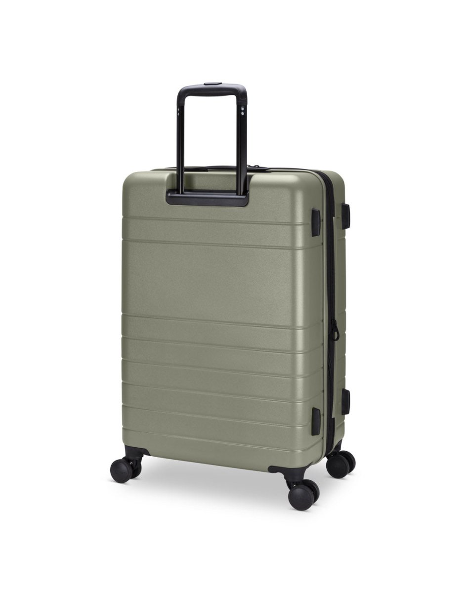 Roots Travel 24" Expandable Hardside Spinner in sage, back angle view with handle extended out.