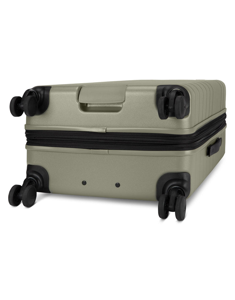 Roots Travel 24" Expandable Hardside Spinner in sage, bottom angle view of spinner wheels.
