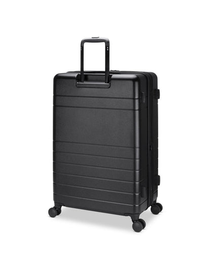 Roots Travel 28" Expandable Hardside Spinner in black, back angle view with handle extended out.