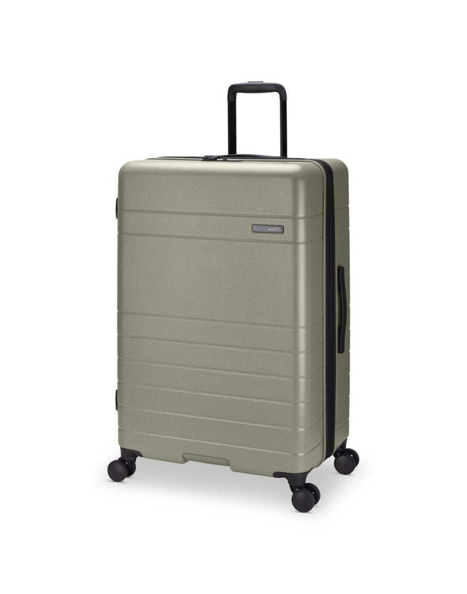 Roots Travel 28" Expandable Hardside Spinner in sage, front angle view.