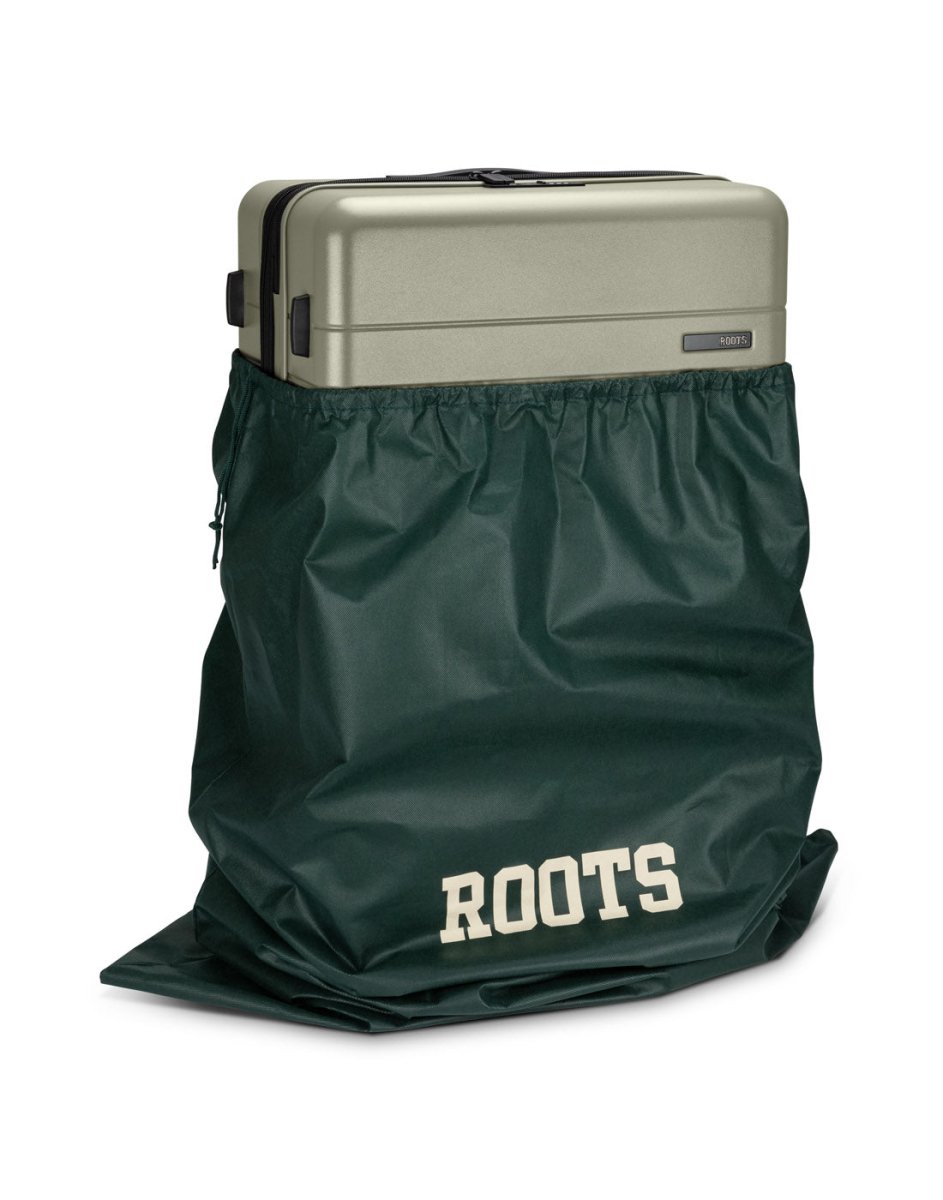 Front angle view of Roots Travel 28" Expandable Hardside Spinner in sage, placed inside a Roots bag.