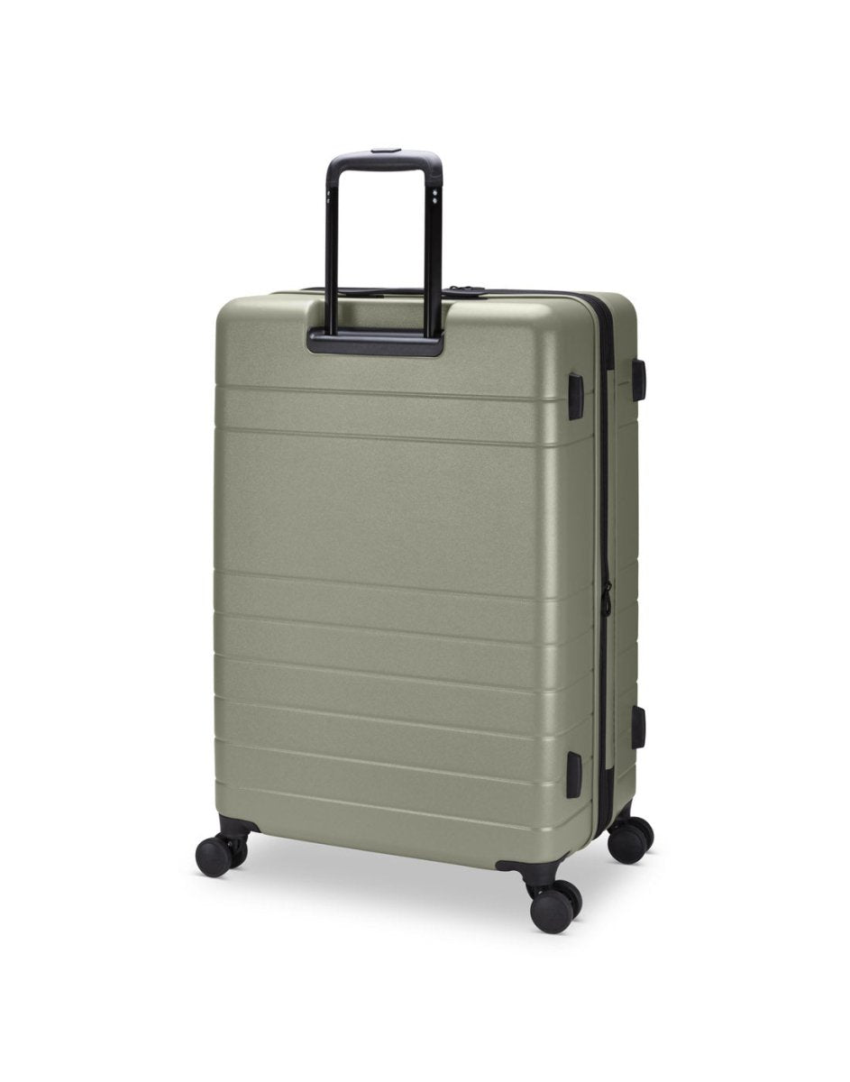 Roots Travel 28" Expandable Hardside Spinner in sage, back angle view with handle extended out.