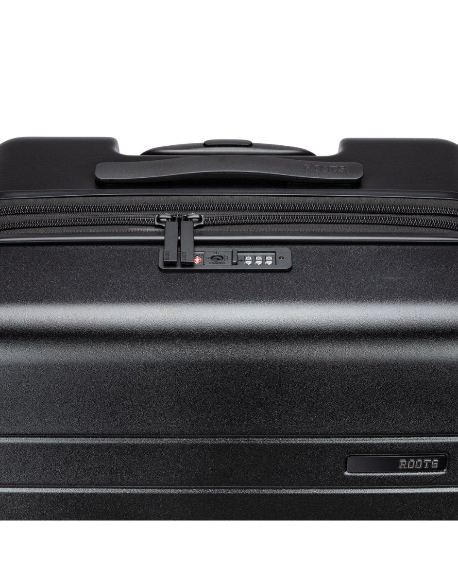 Roots Travel 28" Expandable Hardside Spinner in black, close-up view of integrated TSA lock and self repairing zipper.