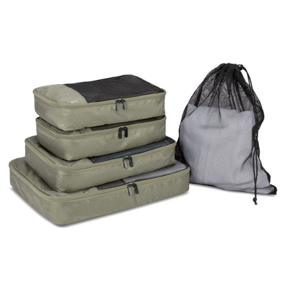 Roots Travel 5pc Packing Cube Set in sage with mesh laundry bag, front angle view.