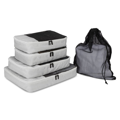 Roots Travel 5pc Packing Cube Set in antarctica with mesh laundry bag, front angle view.