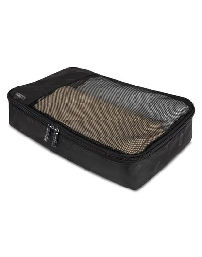 Roots Travel 5pc Packing Cube Set in black, close-up view of mesh covering.