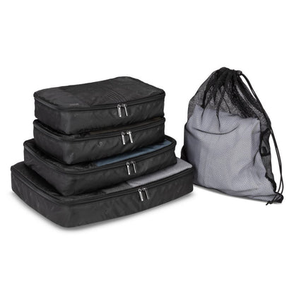 Roots Travel 5pc Packing Cube Set in black with mesh laundry bag, front angle view.