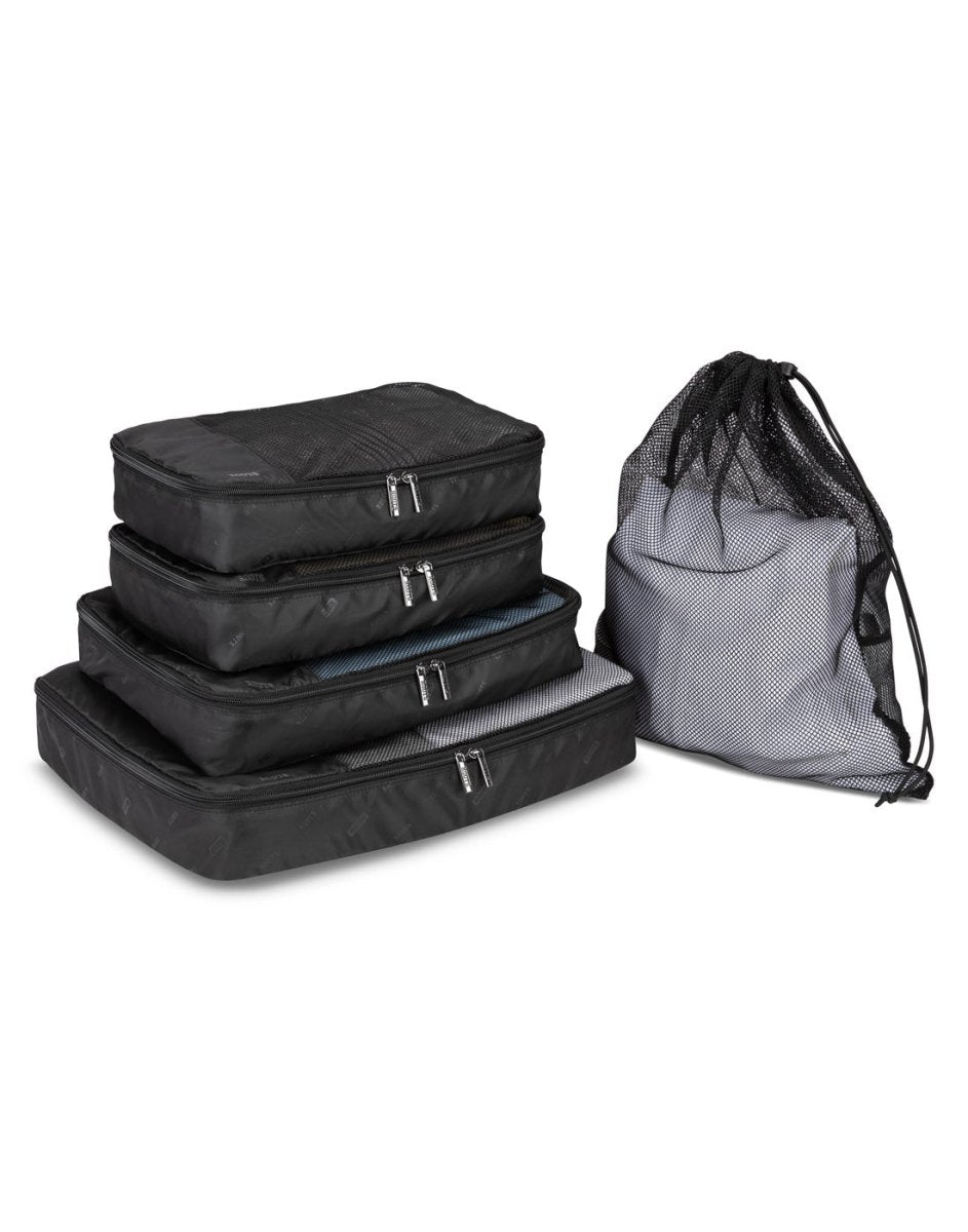 Roots Travel 5pc Packing Cube Set in black with mesh laundry bag, front angle view.